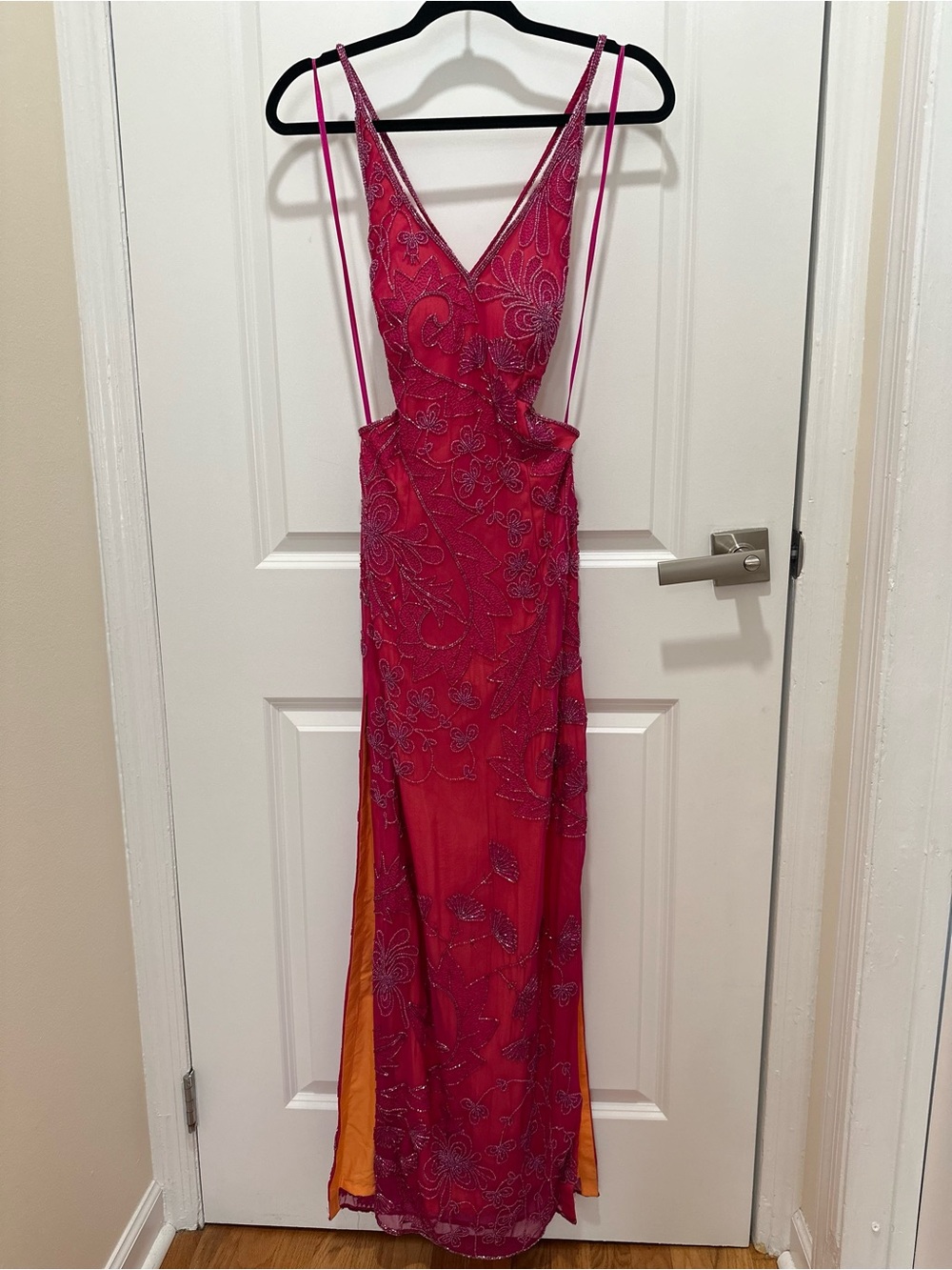 Cache Hot Pink Beaded V-Neck Prom Gown